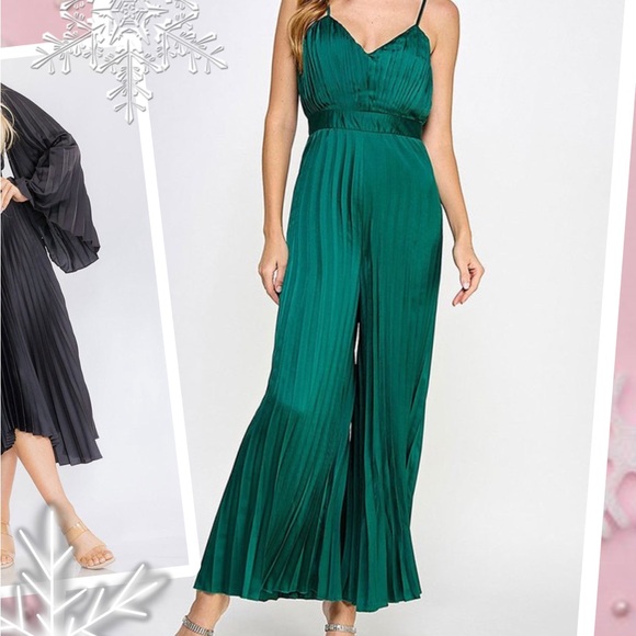 Pleated Chiffon Jumpsuit with Belt Emerald Plus Size